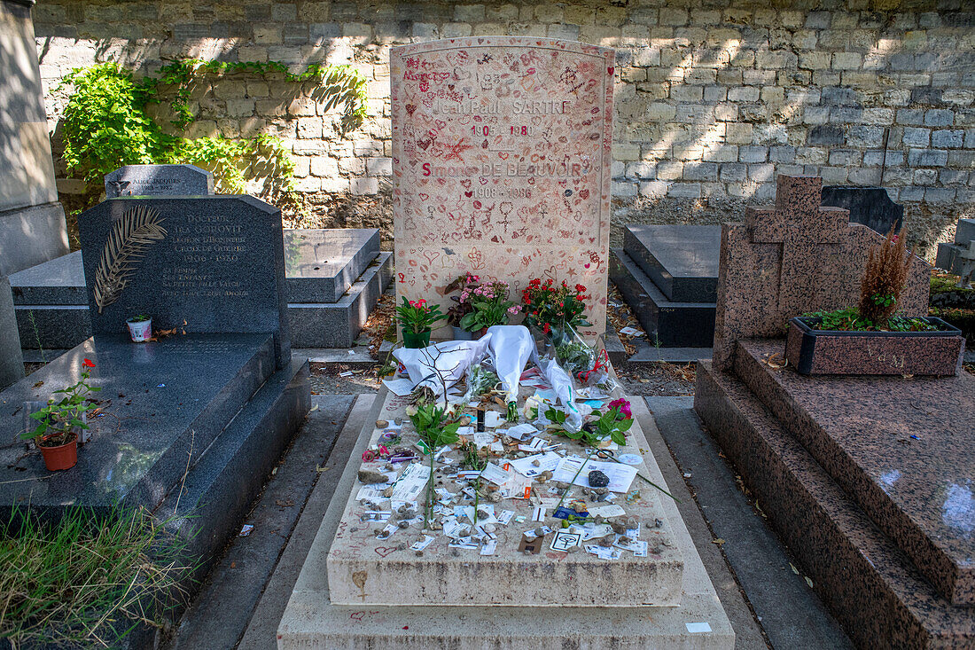 Montparnasse Cemetery, Paris, France. Inscription from the headstone of Jean Paul Sartre and Simone de Beauvoir Montparnasse Cemetery Paris France