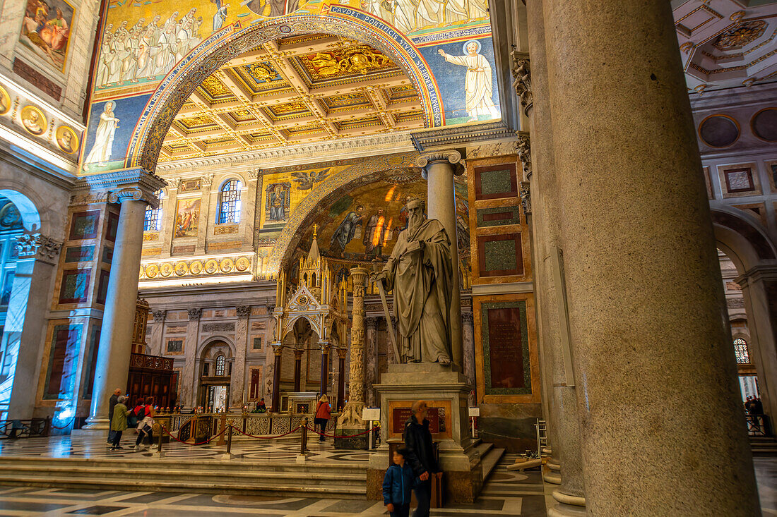 Statue of St. Paul in the central nave of the Basilica of St. Paul Outside the Walls, Rome, Italy.