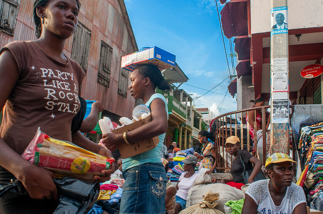 Local market and houses in the historic colonial old town, Jacmel city center, Haiti, West Indies, Caribbean, Central America