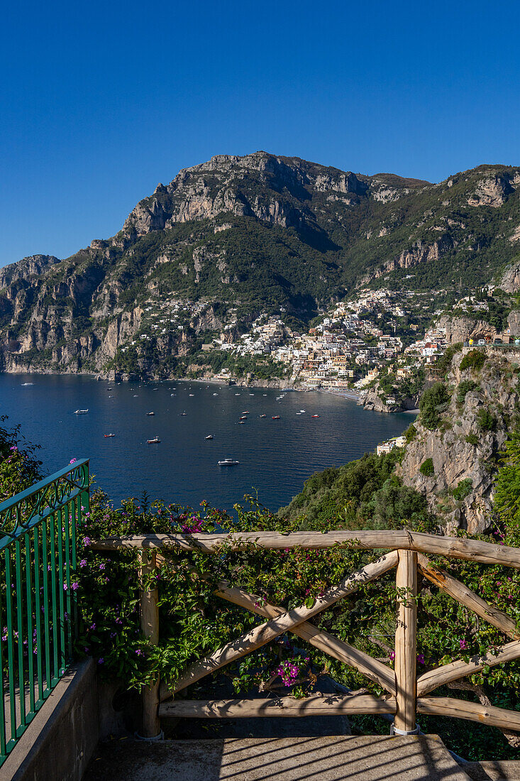 View of Positano on the Amalfi Coast from Praiano, Italy.