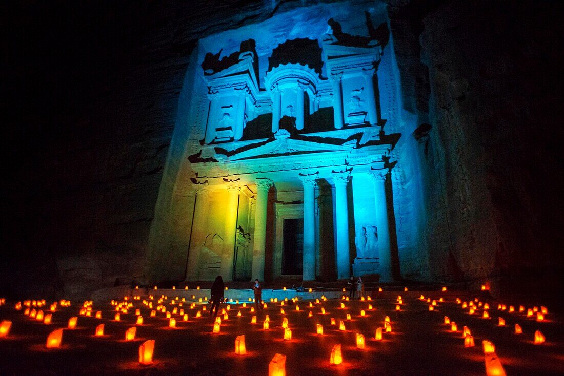 The Treasury, Al Khazneh, at night lit by candles, Petra, Jordan.