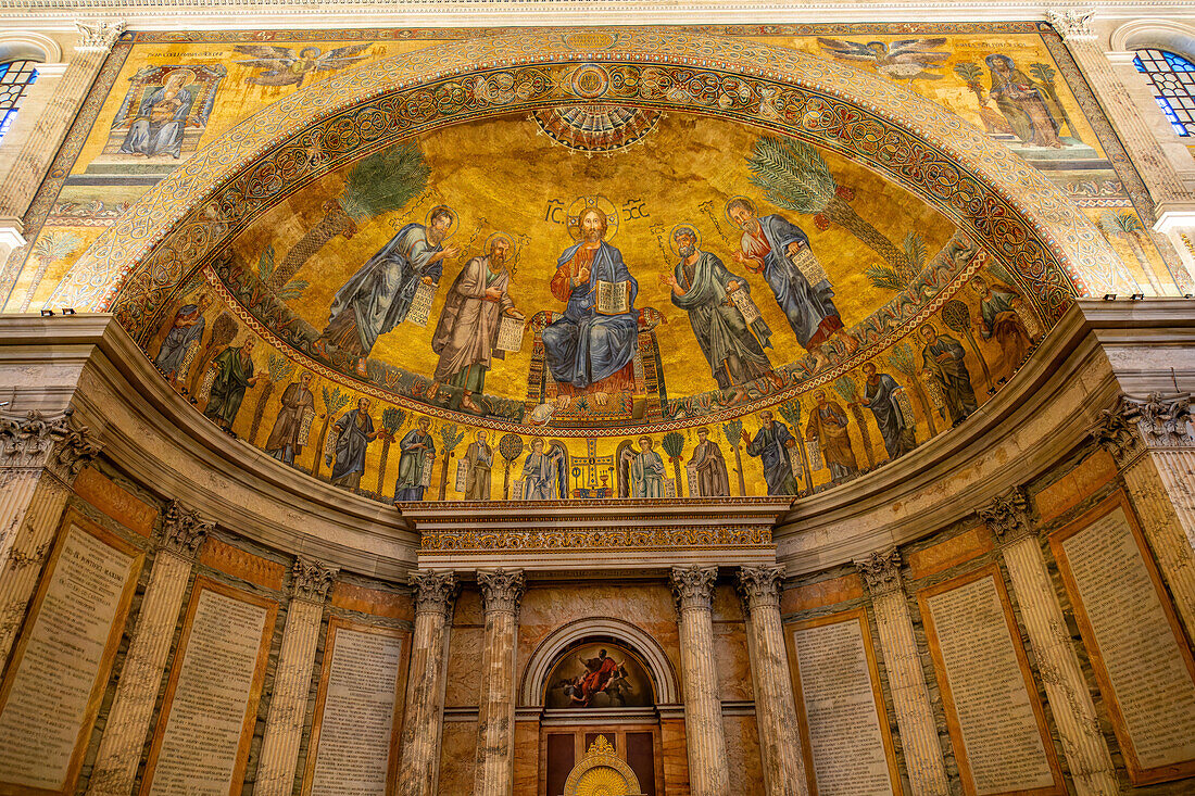 Mosaic of Christ and the Apostles on the ceiling of the apse. Basilica of St. Paul Outside the Walls, Rome, Italy. Circa 1200.