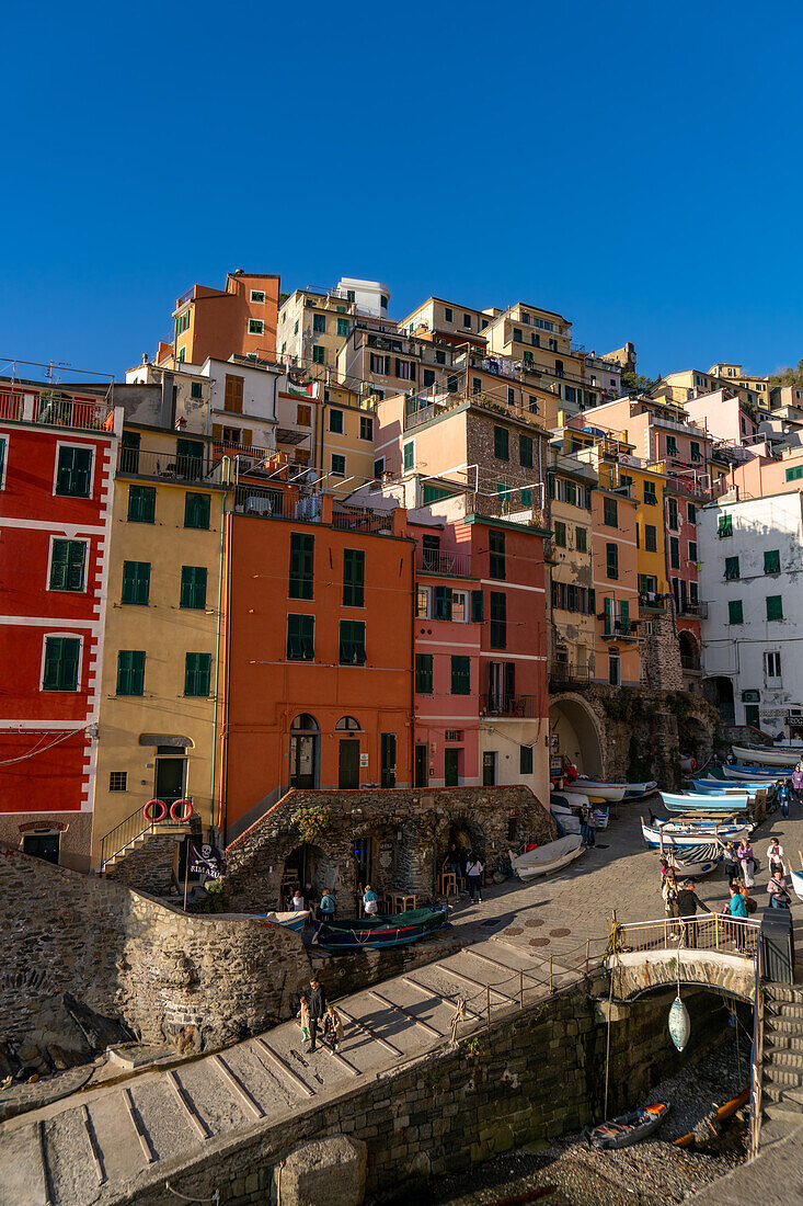 Colorful buildings overlooking the harbor in Riomaggiore, Cinque Terre, Italy.