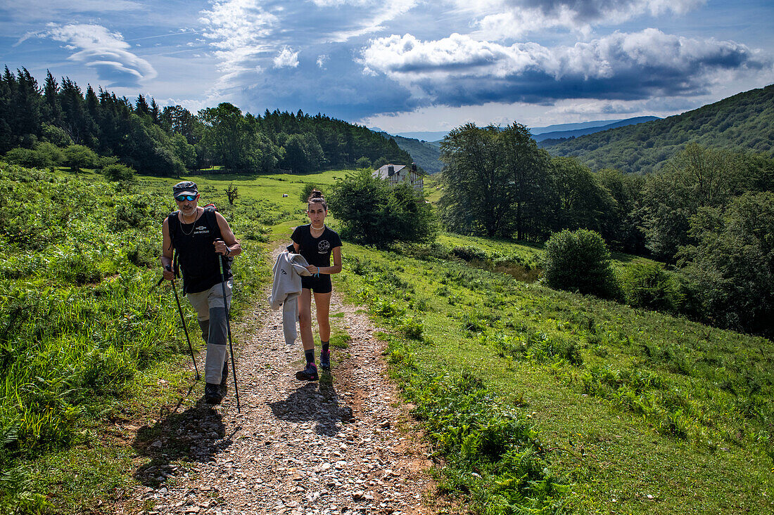 Trekking, Casa de los mikeletes house on the way to the San Adrián tunnel on the Aizkorri mountain range at the Basque Country, Goierri, Basque Highlands Basque Country, Euskadi Spain.