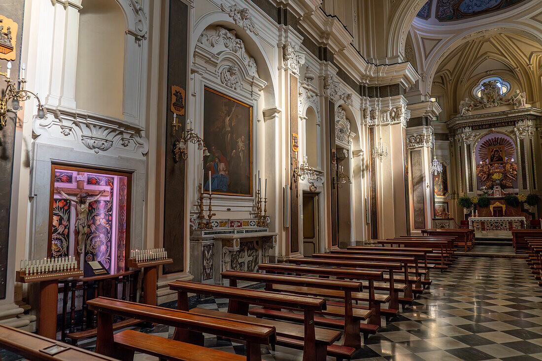 Side chapels in the nave of the Sanctuary of the Madonna del Carmine in Sorrento, Italy.