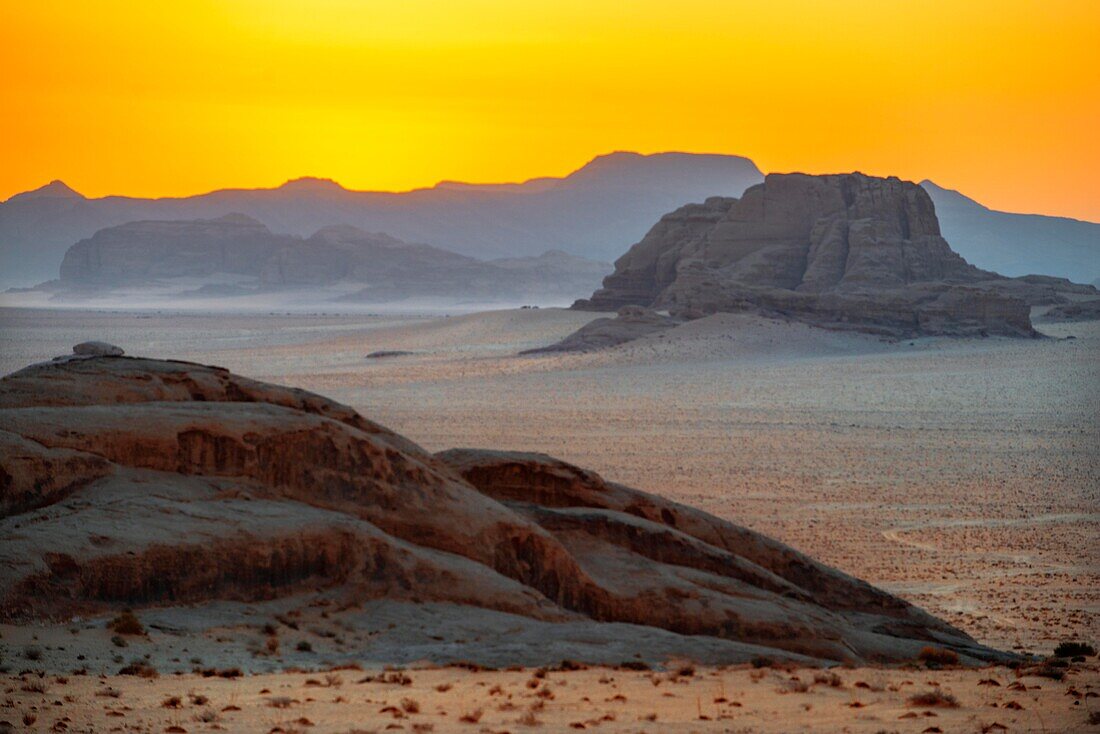 Landscape over the red sands of the desert of Wadi Rum in the sunset time, Jordan