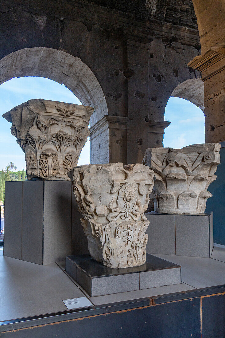 Figured Corinithian capital with a Gorgon originally from Attica, Greece in the Colosseum. Rome, Italy. Used as decoration in the top level of the Colosseum.