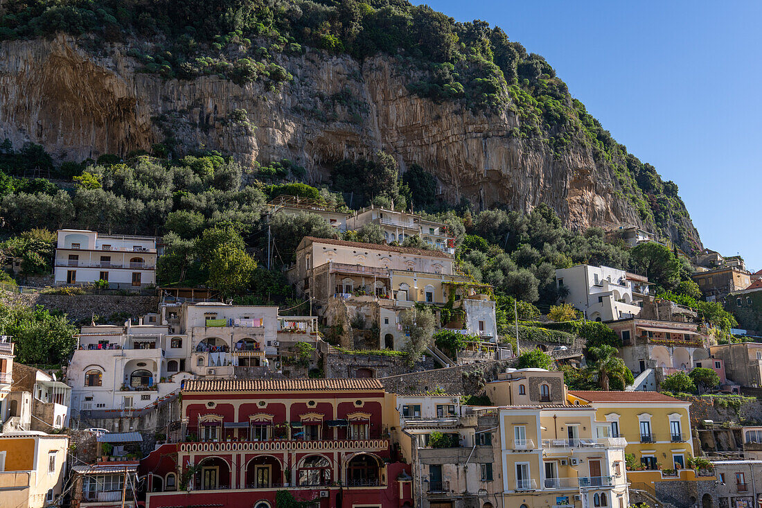 View of the hillside resort town of Positano on the Amalfi Coast in Italy.