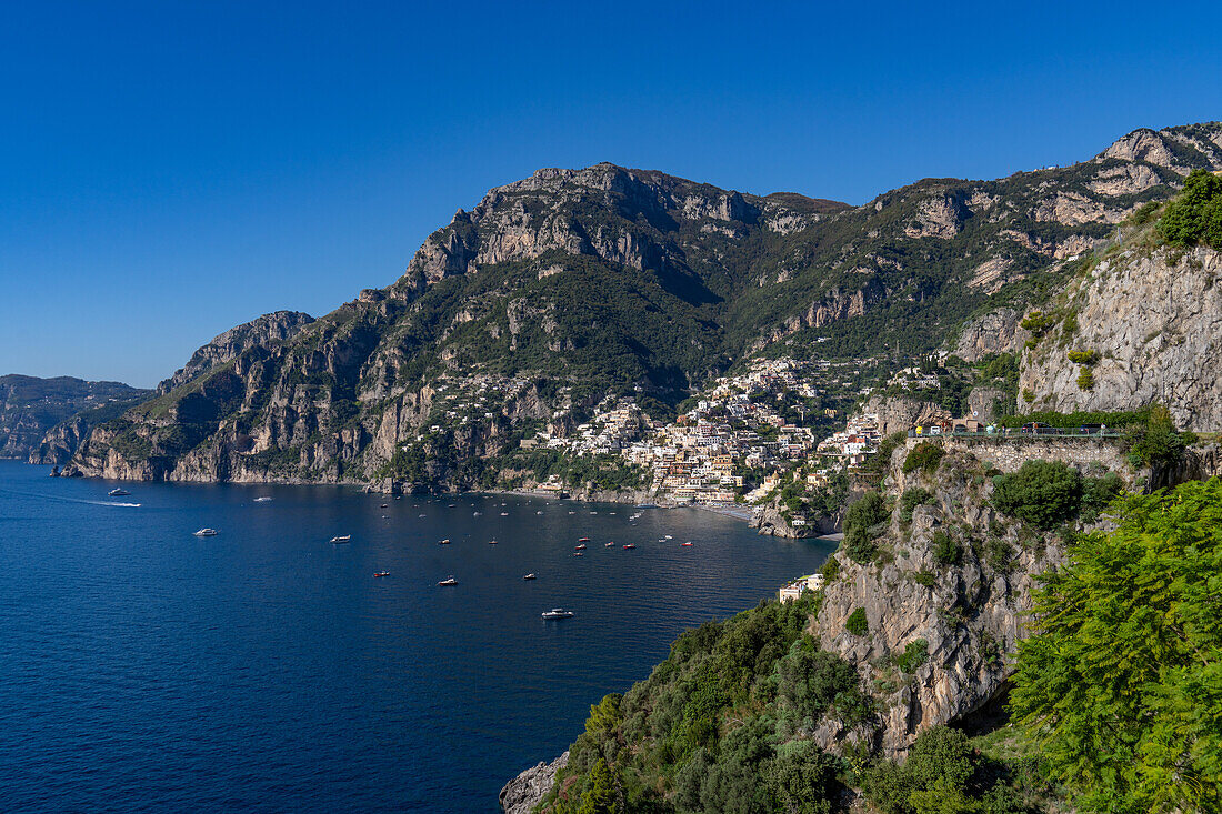 View of Positano on the Amalfi Coast from Praiano, Italy.