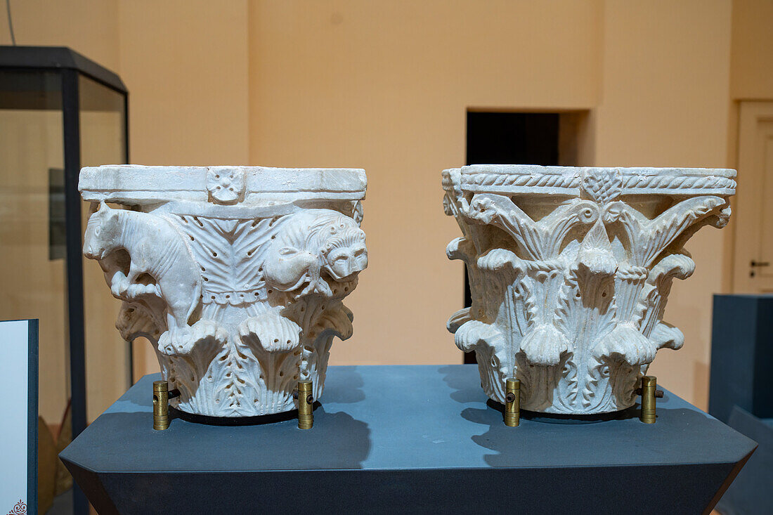 Marble capitals from the orginial ciborium of the Duomo in the Museum of the Duomo of Ravello, Italy. Circa 1279 A.D.