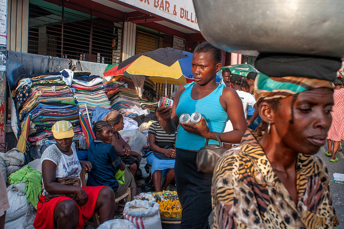 Local market and houses in the historic colonial old town, Jacmel city center, Haiti, West Indies, Caribbean, Central America