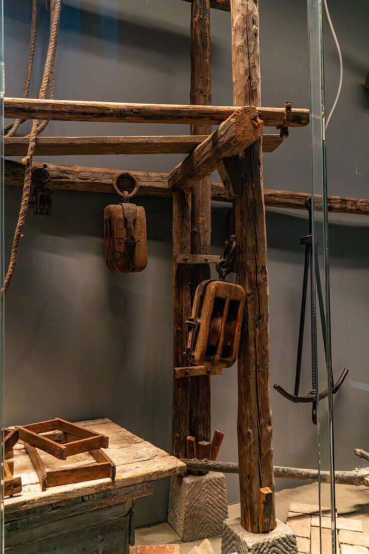 Historic building tools from the 15th Century in the Duomo Museum in Florence, Italy. Tools like these were used to construct the dome on the Duomo.