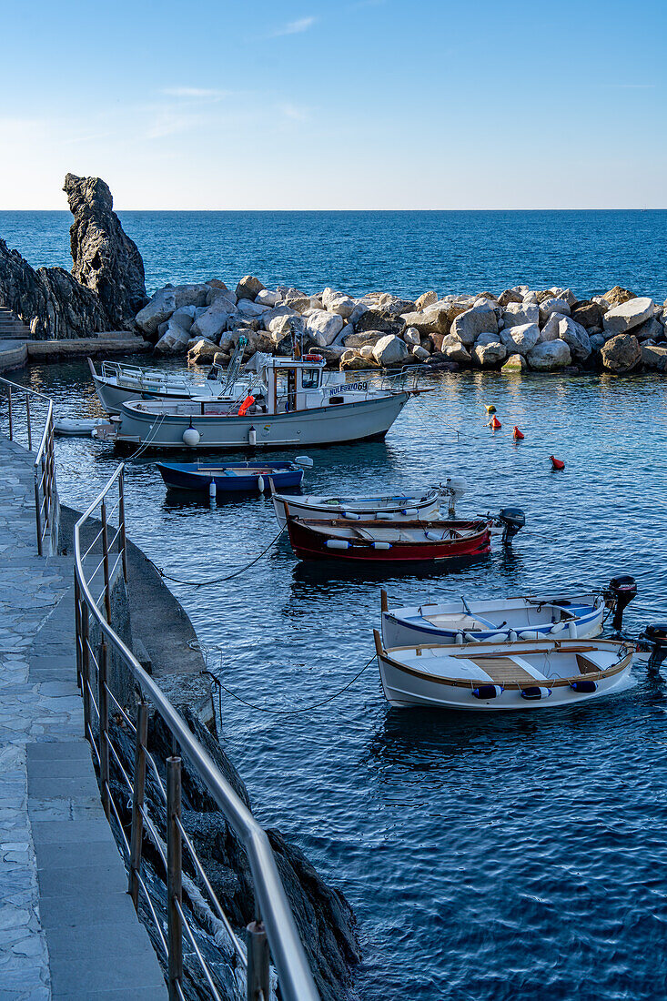 Fishing boats moored in the small harbor of the fishing village of Manarola, Cinque Terre, Italy.