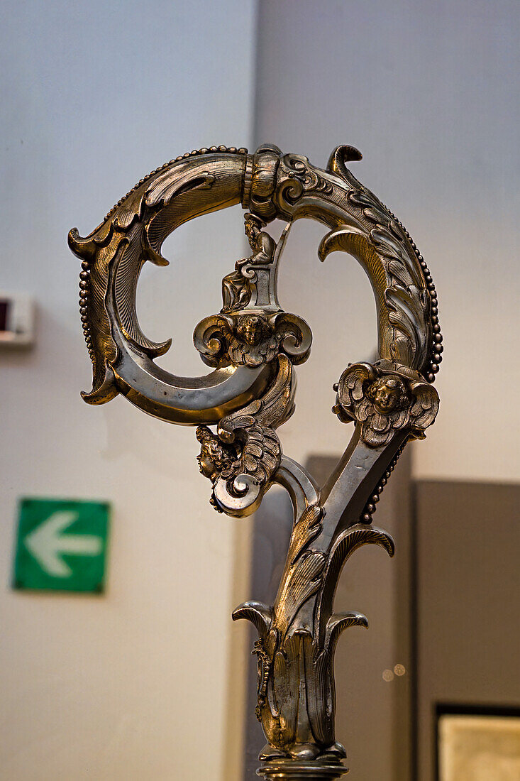 A 17th Century pastoral staff from the Cathedral Treasury in the Diocesan Museum of Amalfi, Italy. This museum is housed in the Basilica of the Crucifix, adjacent to the Amalfi Duomo.