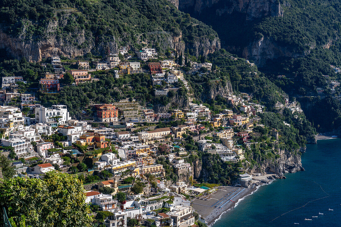 The seaside resort town of Positano terraced on the steep hillside of the Amalfi Coast in Italy.