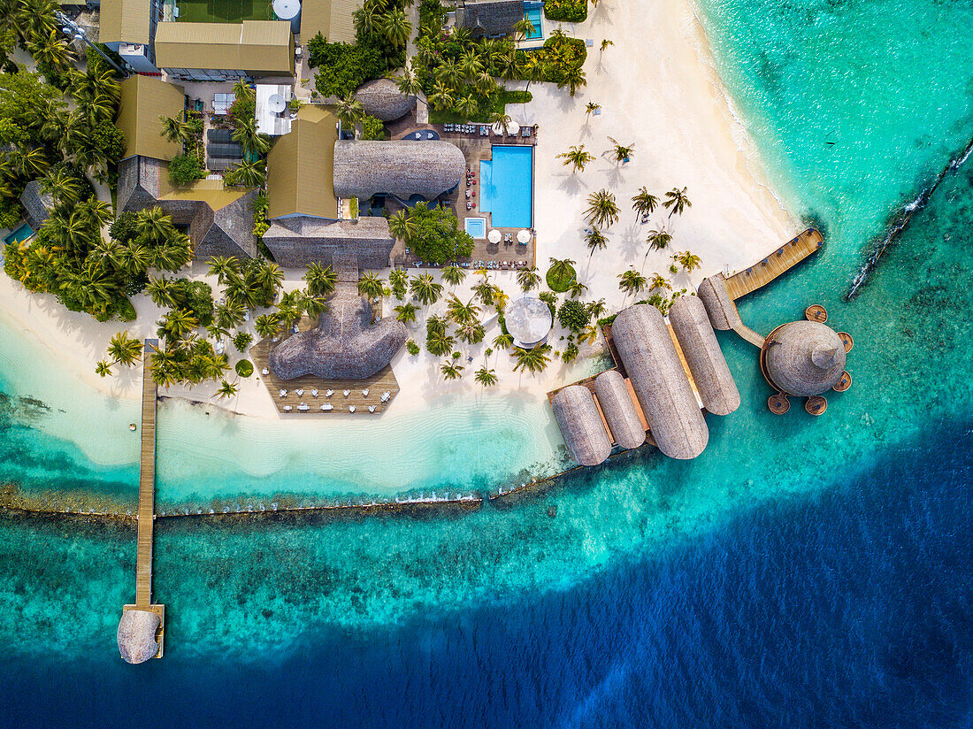 Aerial view of the Outrigger maldives Maafushivaru luxury resort, South Ari Atoll region Maldives