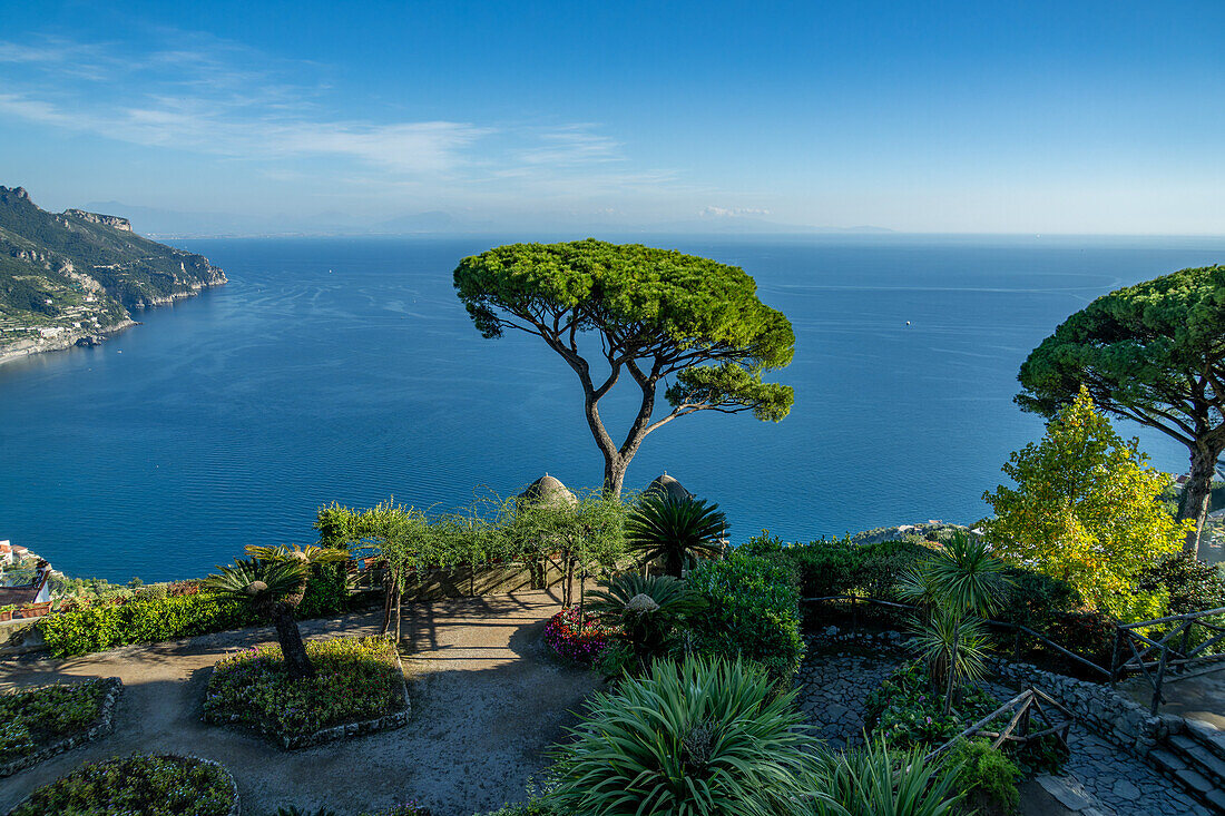 View of the Gulf of Salerno from the Rufolo gardens in Ravello on the Amalfi Coast of Italy.