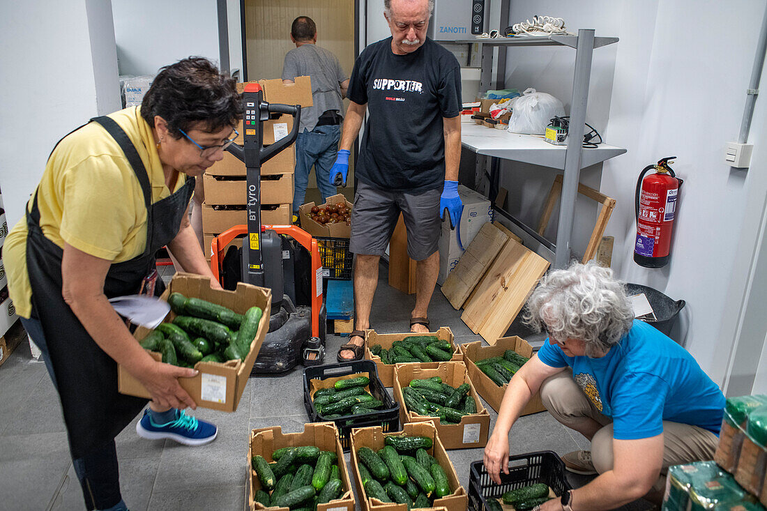 Unloading donated products in Rebost Solidari de Gracia, Gracia neighborhood, Barcelona, Spain, Europe. The Rebost Solidari de Gracia is a distributor entity of the Food Bank in its Sec, SERMA (fresh fruit and vegetables), cold chain (frozen and refrigerated products) and FEGA (products received from the EU) programs. An efficient management of all the food surpluses generated by the neighborhood (markets, supermarkets, shops, companies, restaurants, school canteens and others) is an important enough objective in itself, both for its use in the neighborhood and for the possible redistribution 