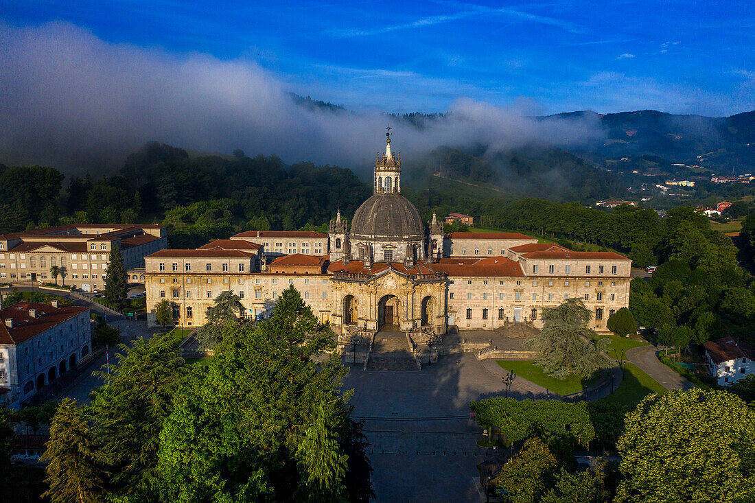 Aerial view of Shrine and Basilica of Loyola, between the towns of Azpeitia and Azcoitia, Spain.