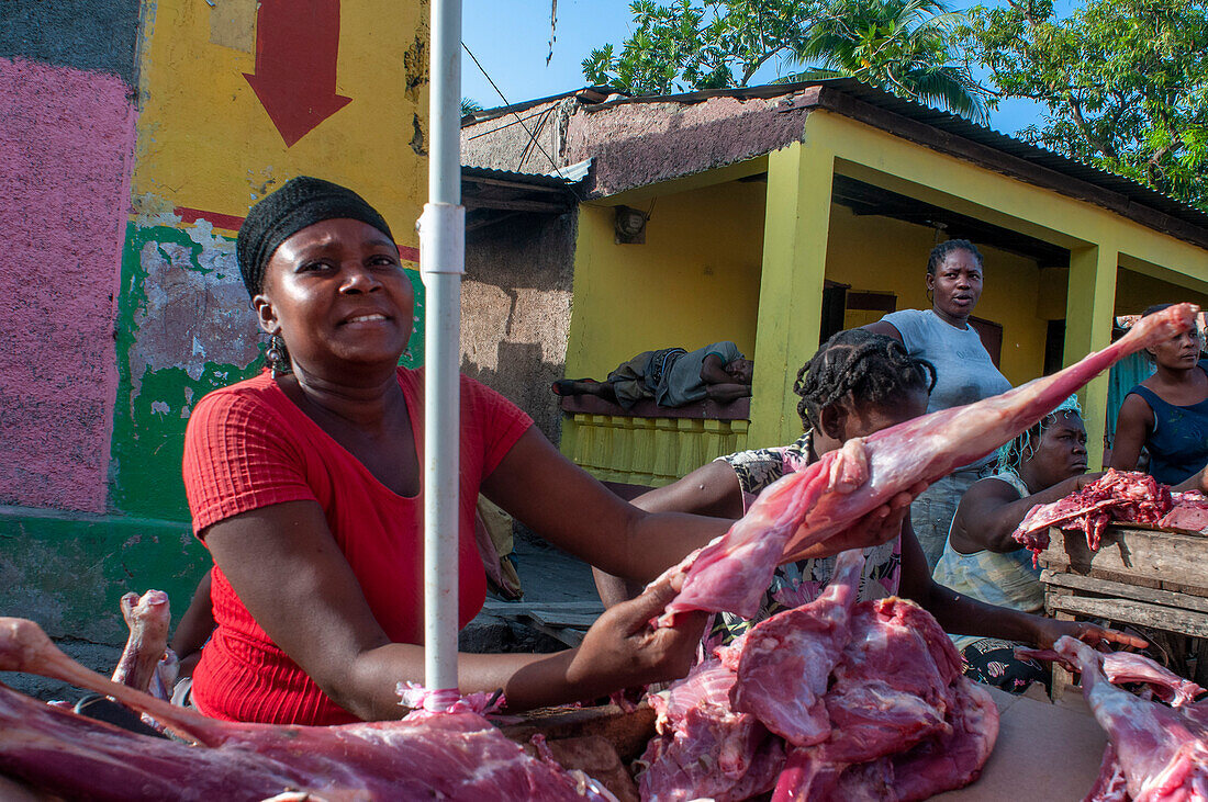 Local market and houses in the historic colonial old town, Jacmel city center, Haiti, West Indies, Caribbean, Central America