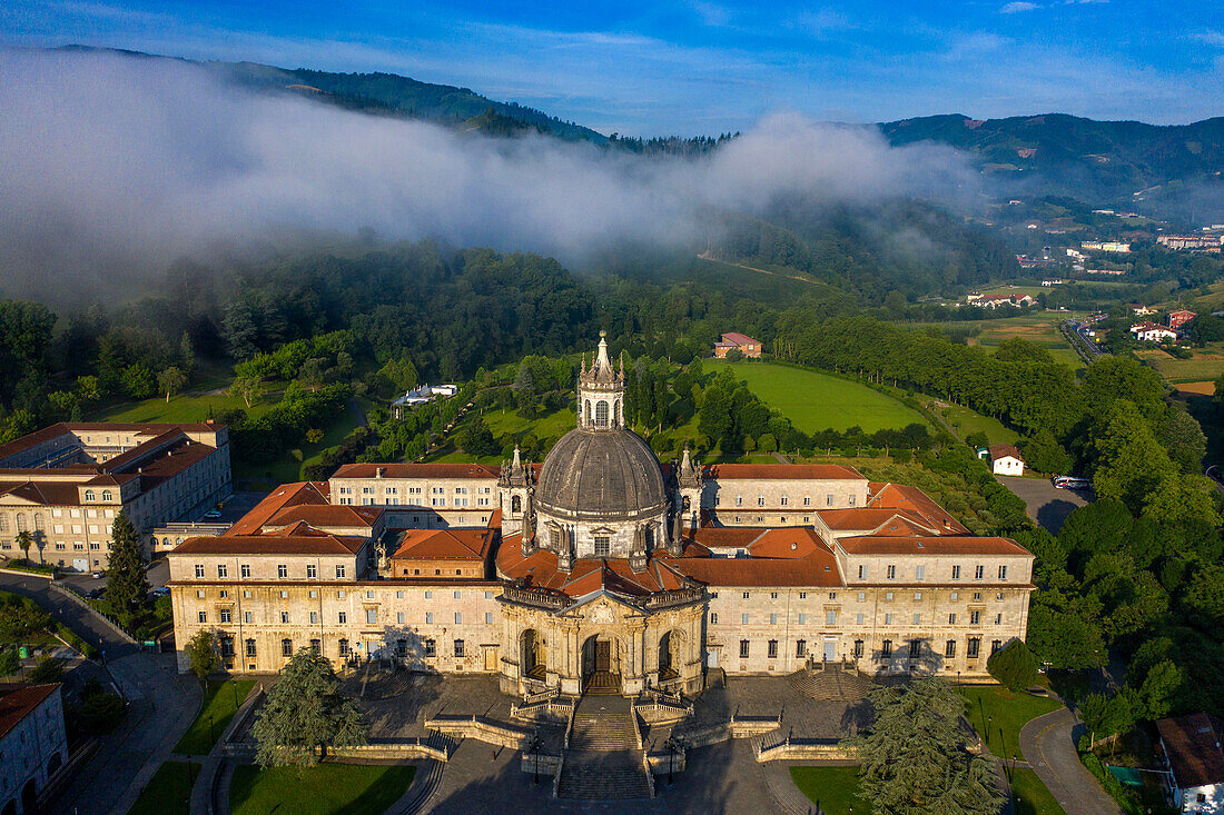 Aerial view of Shrine and Basilica of Loyola, between the towns of Azpeitia and Azcoitia, Spain.