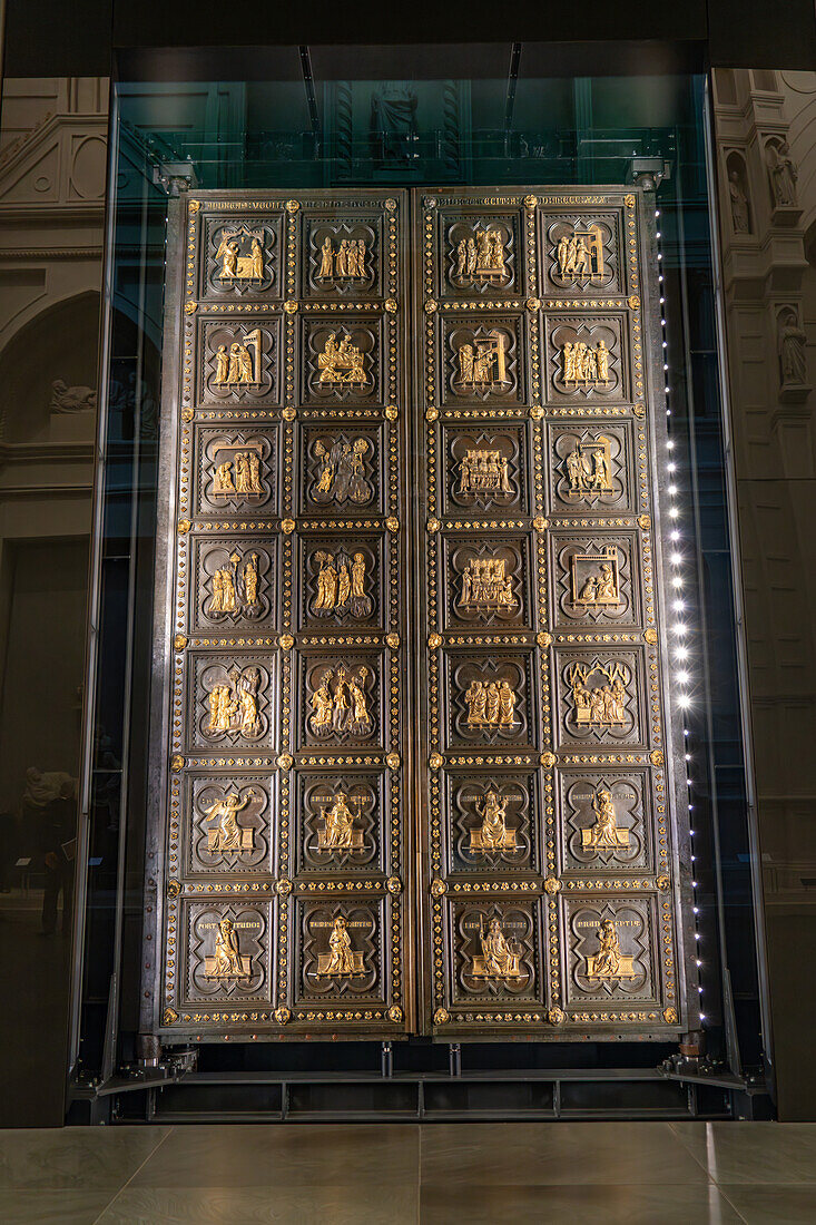 The North Doors of the Baptistery by Lorenzo Ghiberti in the Duomo Museum in Florence, Italy.