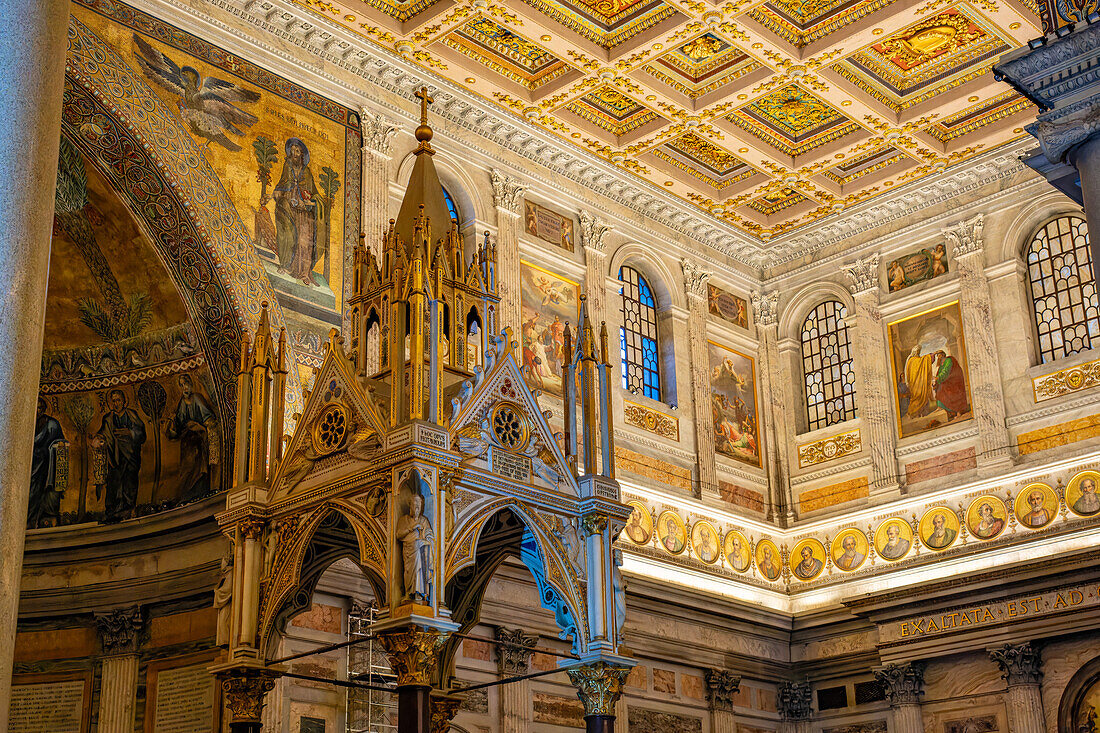 The Gothic-style ciborium in the Basilica of St. Paul Outside the Walls, Rome, Italy. Created by Arnolfo di Cambio and completed in 1285 A.D.