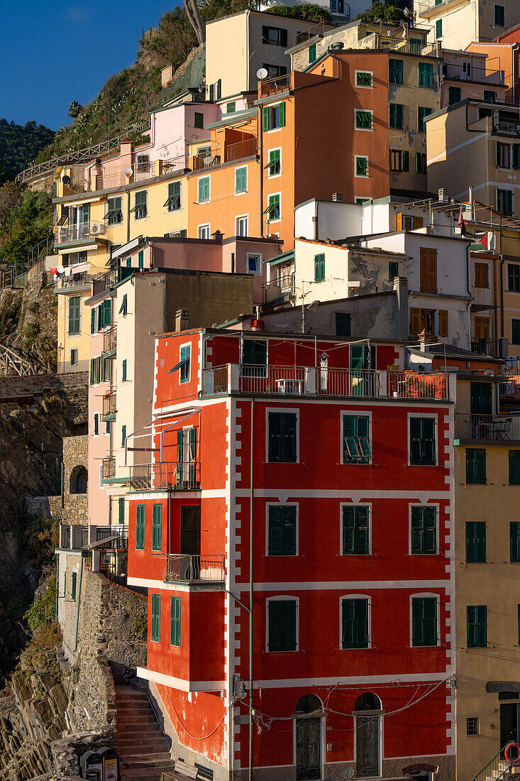 Bunte Gebäude, die sich in Riomaggiore, Cinque Terre, Italien, den Hang hinauf stapeln.