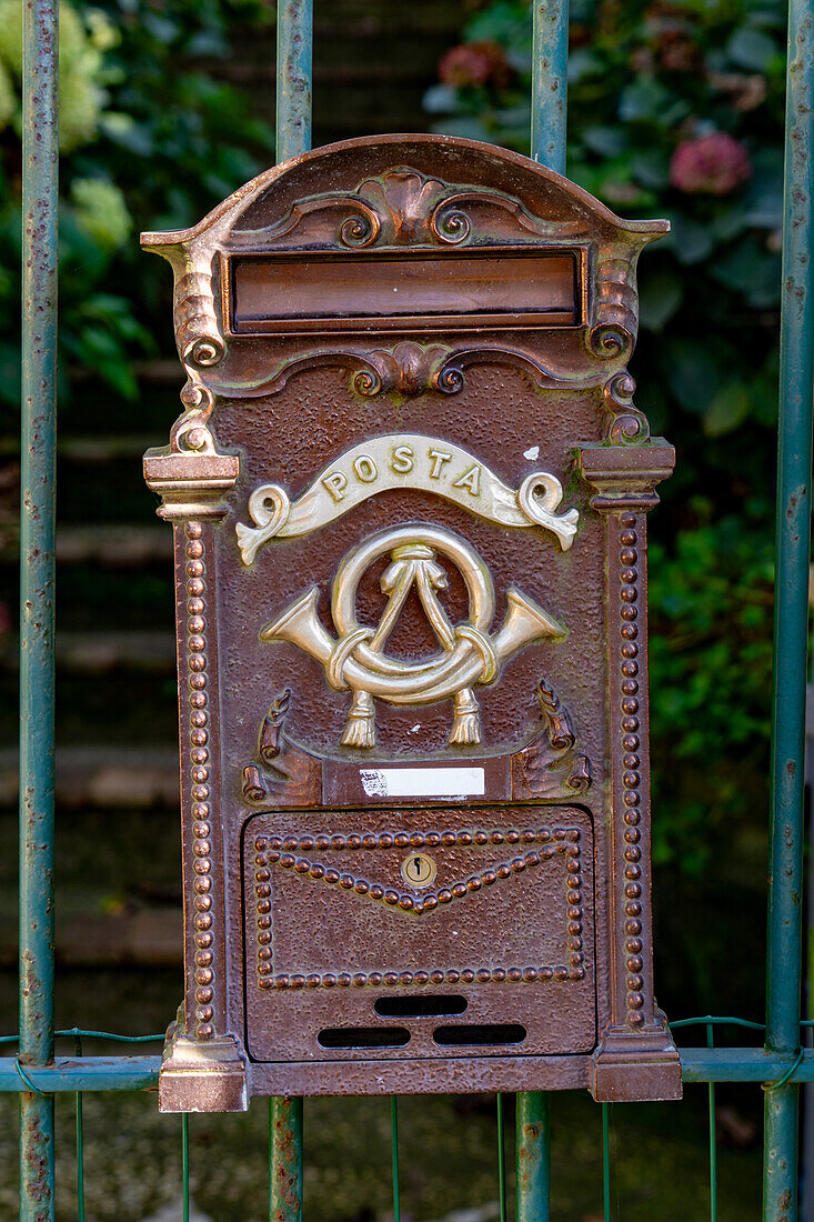 Metal mailbox or post box of the Italian postal service in the resort town of Anacapri on the island of Capri, Italy.