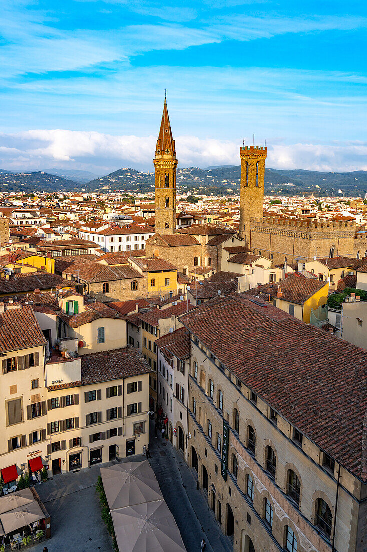 View of the towers of the Badia Fiorentina & Palazzo del Bargello seen from the Palazzo Vecchio tower in Florence, Italy.