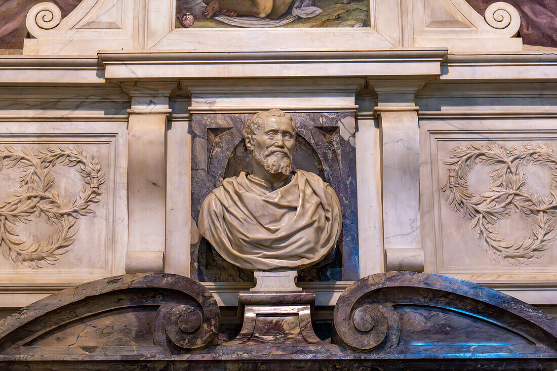 The Monumental Tomb of Michangelo Buonarroti in the Basilica of Santa Croce, Florence, Italy. circa 1564 - 1576.