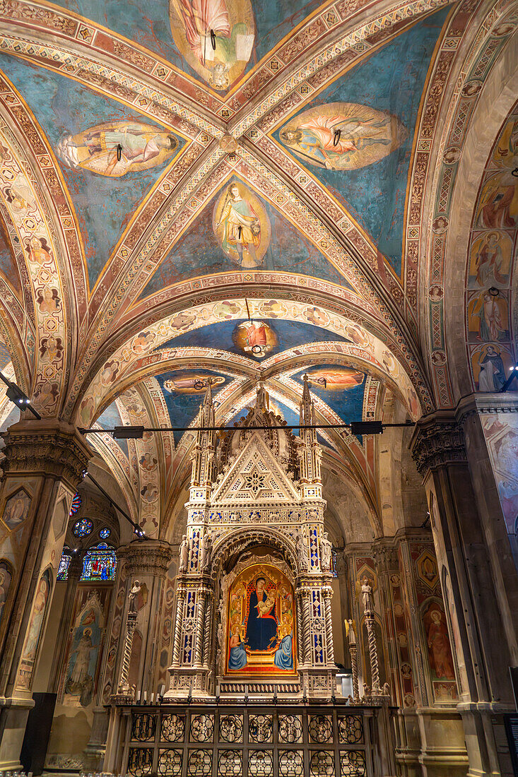 The elaborate carved marble tabernacle in the Orsanmichele Church in Florence, Italy. Created between 1355 and 1359 by Andrea Orcagna.