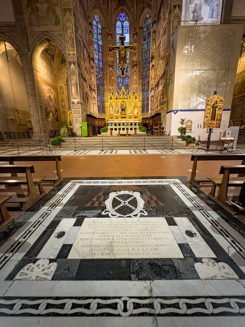 Tombstone of Alberto Albethio Camertino in the nave of the Basilica of Santa Croce, Florence, Italy. Died 1445