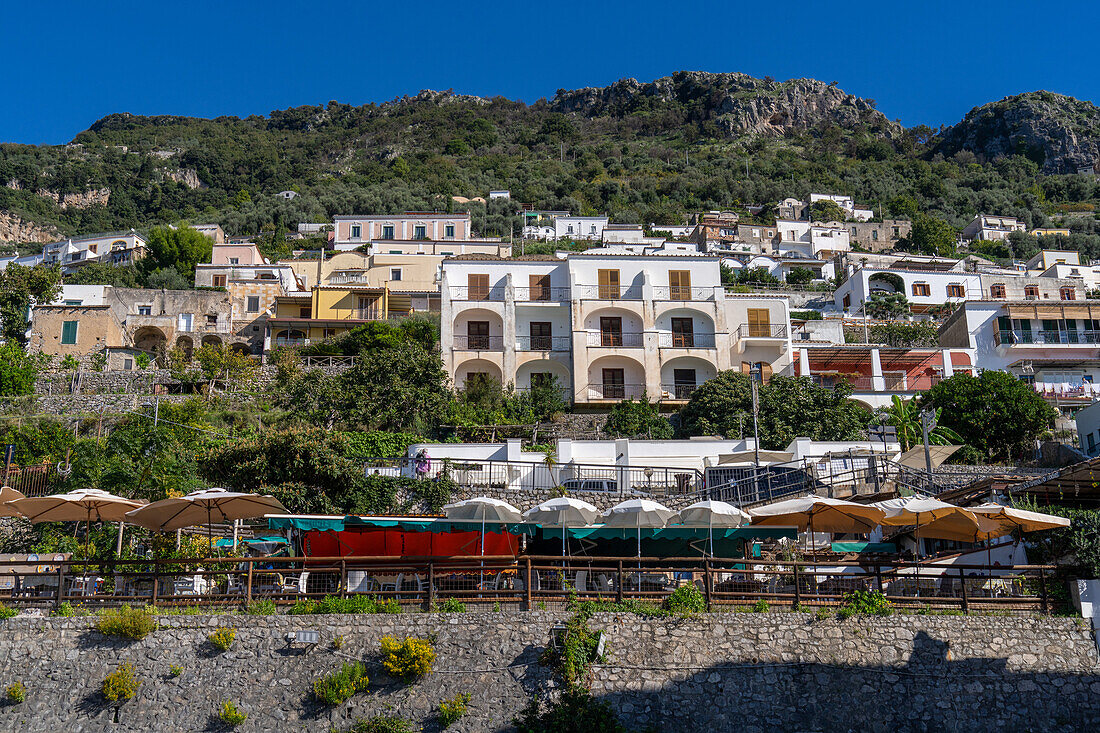 Holiday rentals and hotels in Vettica Maggiore, Praiano, Italy. Amalfi Coast. The Lattari Mountains are behind.