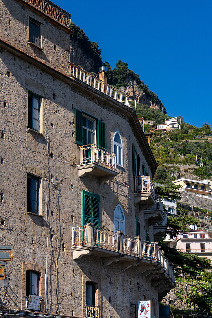 Building with typical traditional architecture in the commune of Ravello on the Amalfi Coast of Italy.