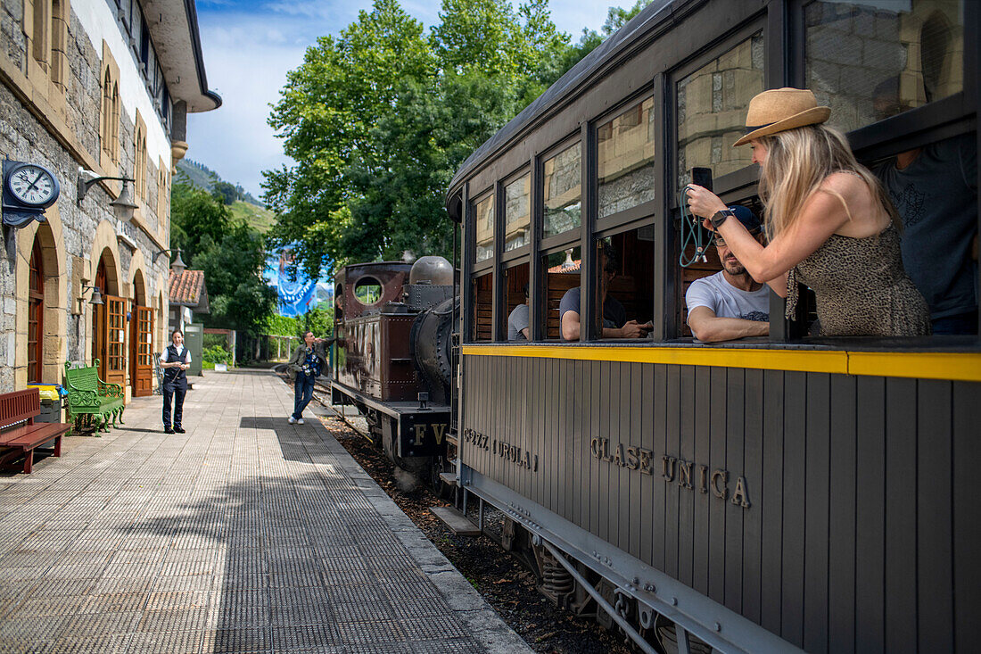 Azpeitia station and old steam train car in the Basque Railway Museum one of the most important of its kind in Europe. Railway history of Euskadi in Azpeitia, Gipuzkoa, Euskadi, Basque country, Spain.