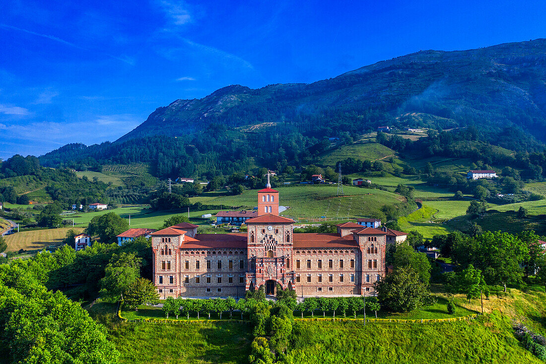 Aerial view of Instituto catequista Dolores Sopeña institute, Dolores Sopena Catechist Institute, Azpeitia, Gipuzkoa, Euskadi, Basque country, Spain.