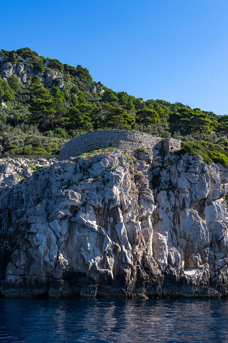 The Orrico Fort on a headland on the west coast of the island of Capri, Italy. Towers and forts were built starting in the 9th Century to protect the island from raids by Saracen pirates.