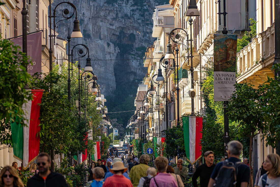 People on the Corso Italia, a pedestrian street in the historic center of Sorrento, Italy.