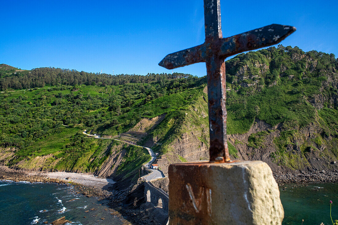 San Juan de Gaztelugatxe, Dragon-stone in Game of Thrones, bridge and stone stairs, Bermeo, Basque Country, Euskadi, Euskaerria, Spain.