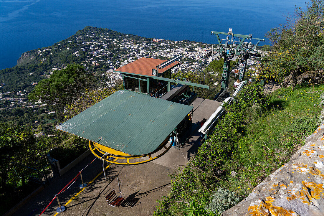 The lifting machinery for the Monte Solaro chairlift from Anacapri on the island of Capri, Italy.