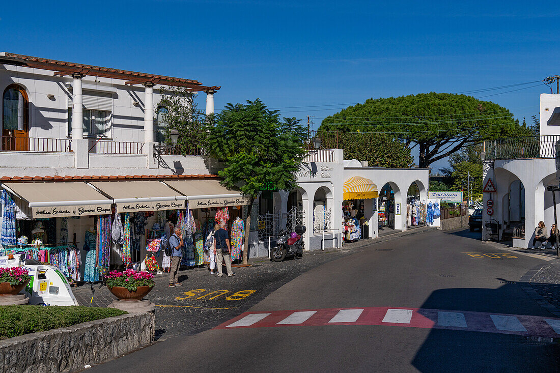 A shopping street in the tourist area of Anacapri on the island of Capri, Italy.