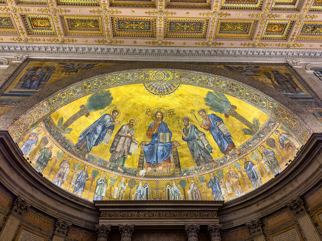 Mosaic of Christ and the Apostles on the ceiling of the apse. Basilica of St. Paul Outside the Walls, Rome, Italy. Circa 1200.