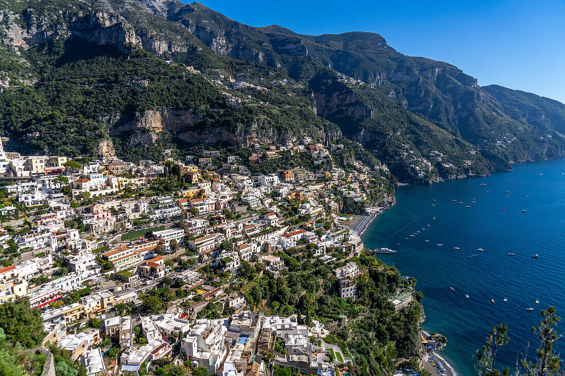 The seaside resort town of Positano terraced on the steep hillside of the Amalfi Coast in Italy.