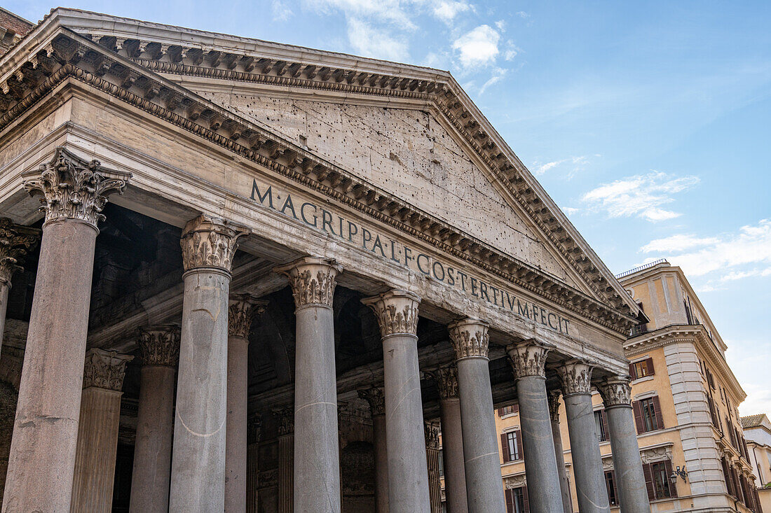 Detail of the facade of the Pantheon in the Piazza della Rotunda in Rome, Italy.