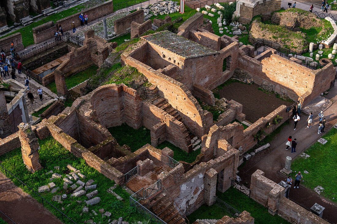 Ruins of the House of the Vestal Virgins in the Forum in the Colosseum Archaeological Park. Rome, Italy.