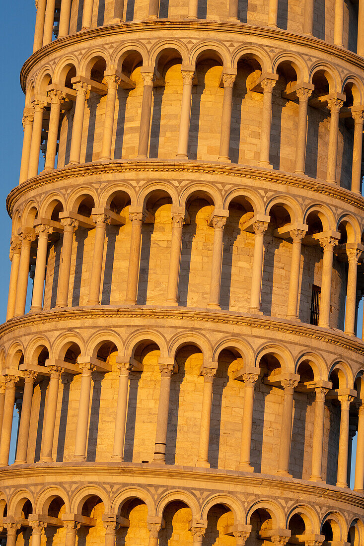 Detail of the Leaning Tower of Pisa, the campanile or bell tower of the Duomo or Cathedral of Pisa. Pisa, Italy.