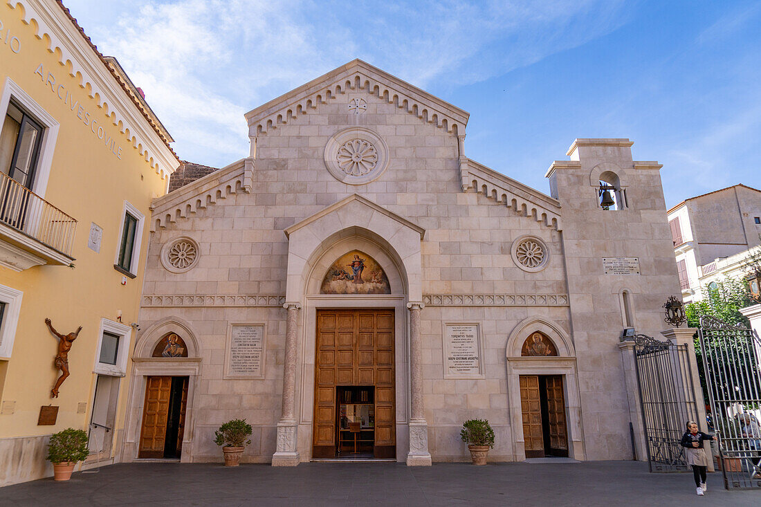 The facade of the Cathedral of Saints Phililp and James in Sorrento, Italy.