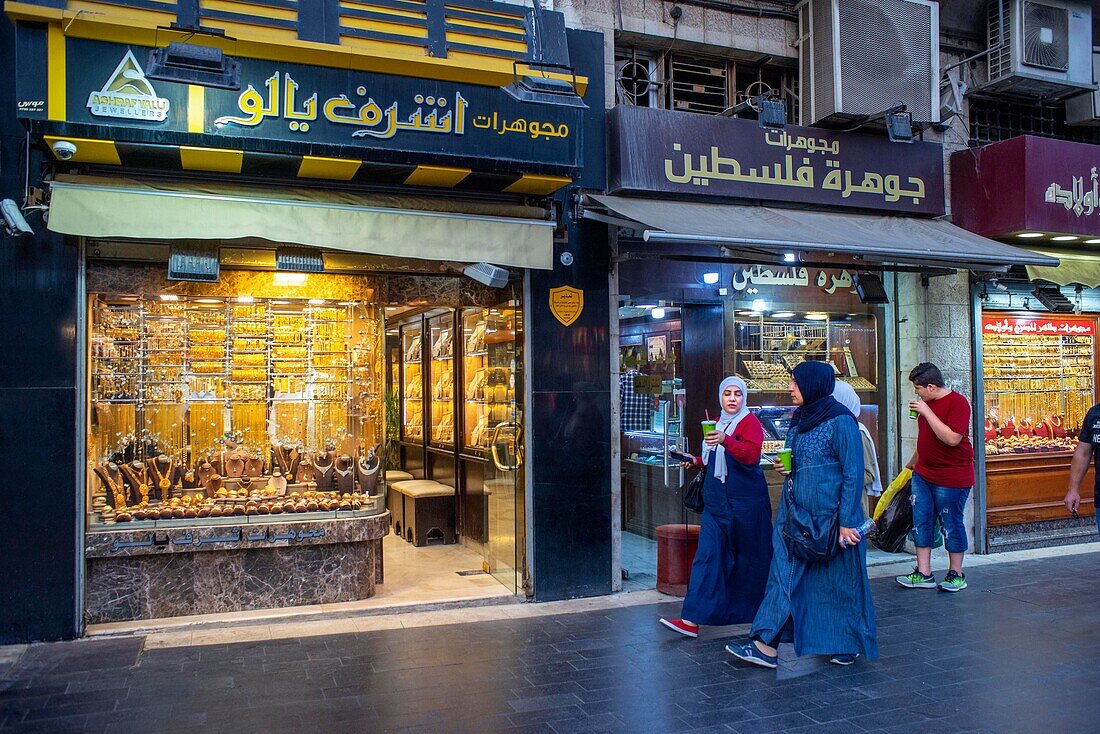 The Gold Souq in downtown Amman, Jordan. Gold Jewelry in shop window Gold Market