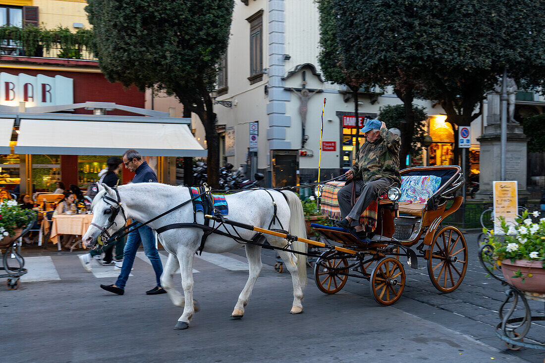 A horse-drawn carriage for giving tourists rides on the Piazza Tasso in the historic center of Sorrento, Italy.